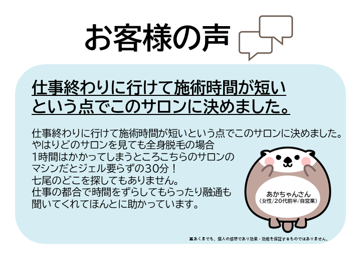 お客様の声をご紹介します!あかちゃんさん(女性/20代前半/自営業)仕事終わりに行けて施術時間が短いという点でこのサロンに決めました。やはりどのサロンを見ても全身脱毛の場合1時間はかかってしまうところ、こちらのサロンのマシンだとジェル要らずの30分!七尾のどこを探してもありません。仕事の都合で時間をずらしてもらったり融通も聞いてくれてほんとに助かっています。※あくまでも、個人の感想であり効果・効能を保証するものではありません。